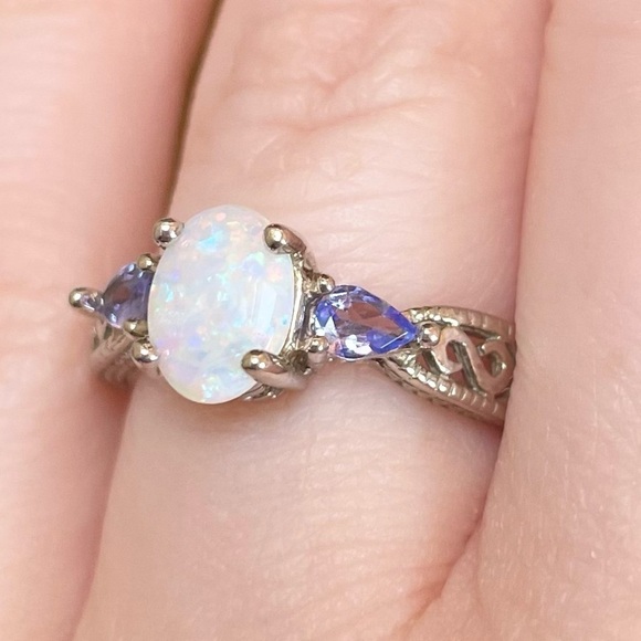 Jewelry - 14K Opal Tanzanite filigree white lab oval teardrop purple white gold ri…​
